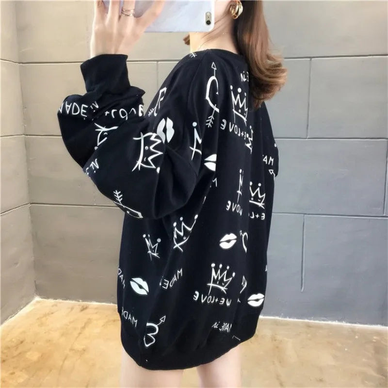 Women's Sweatshirts Black Youthful Clothes  New In Plus Size Female Pullover