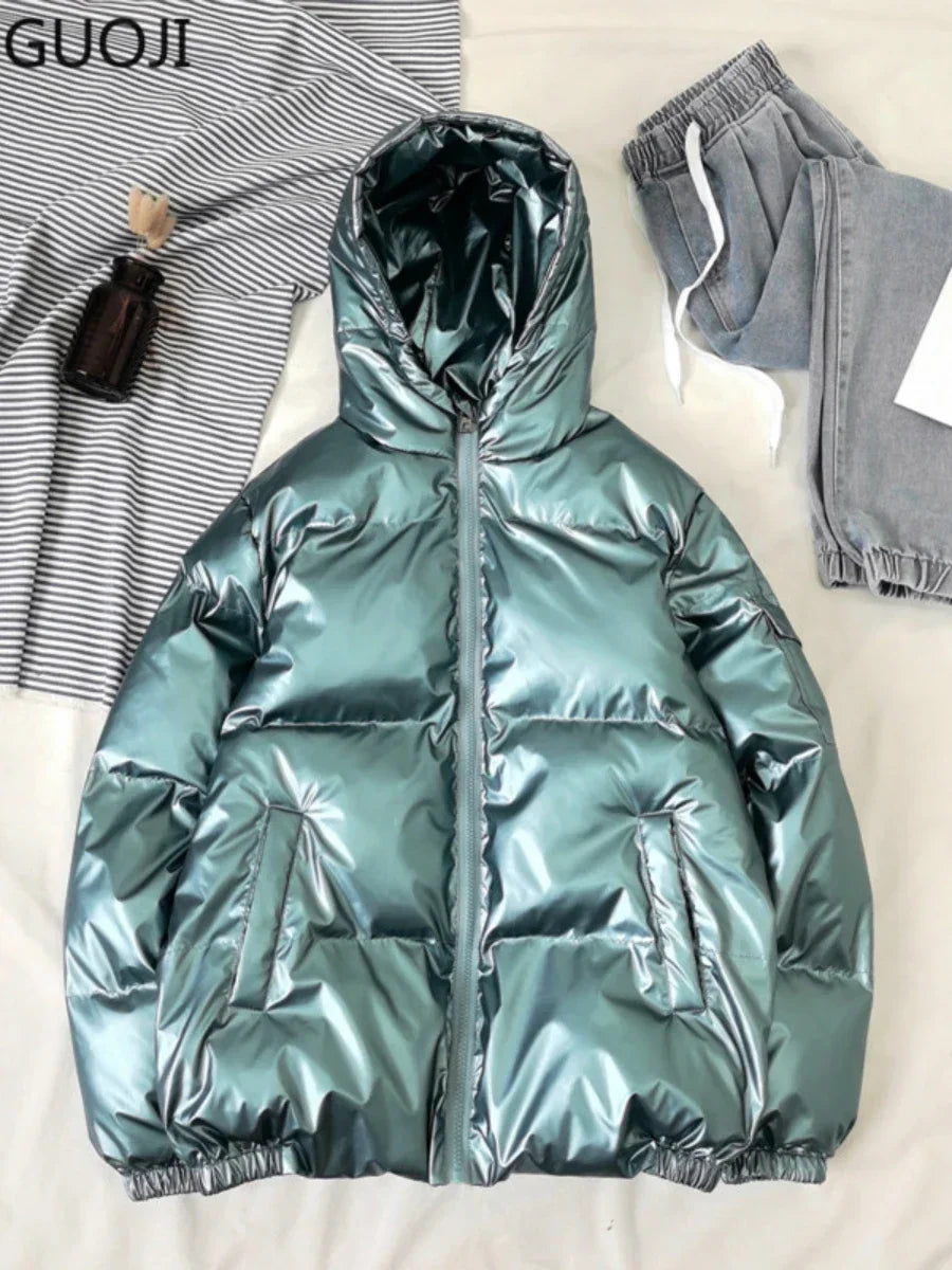 Bright Silver Puffer Jackets Casual Hooded Cotton Wadded Heated Jacket