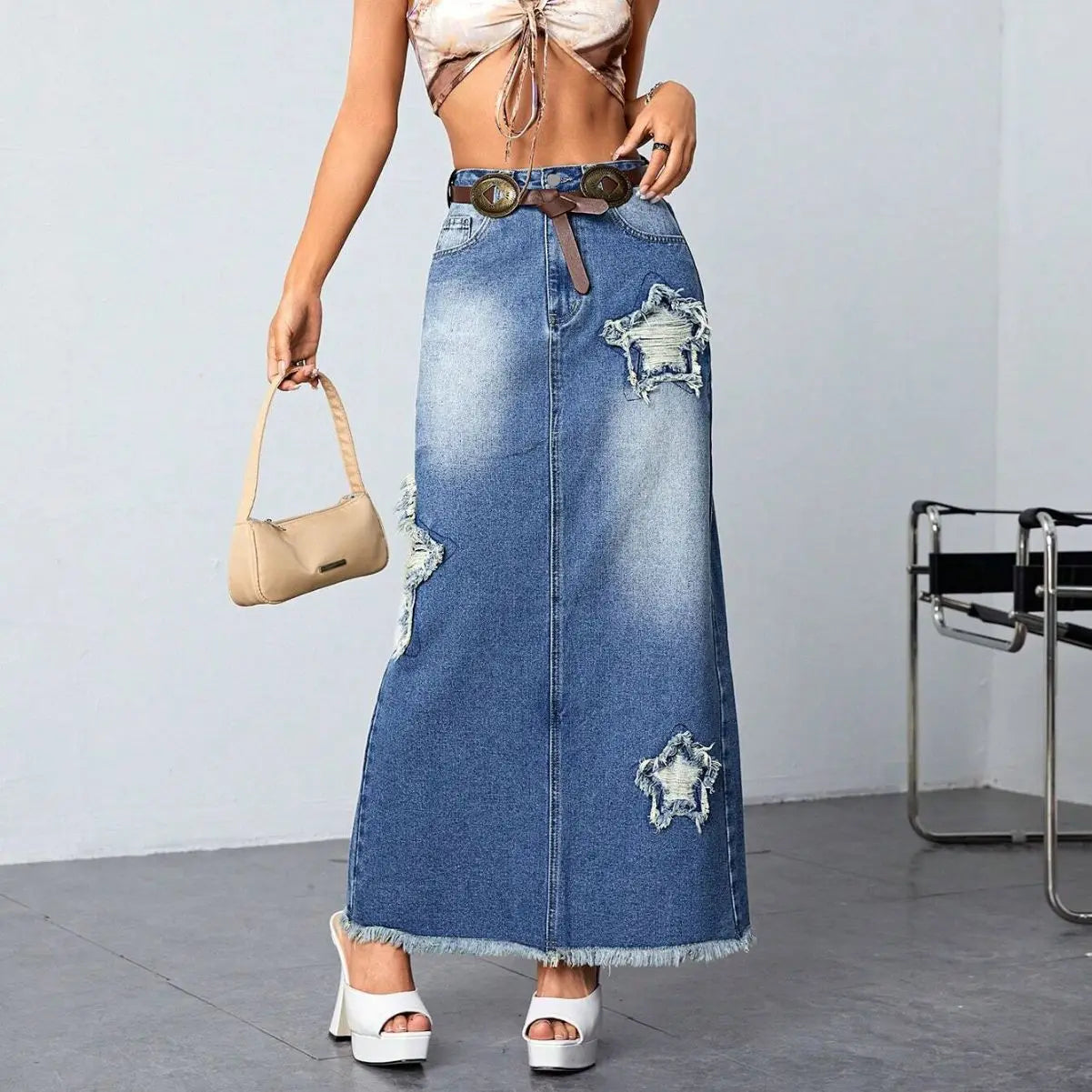 Denim Long Split Ripped Pentagram Patchwork High Waist Skirt