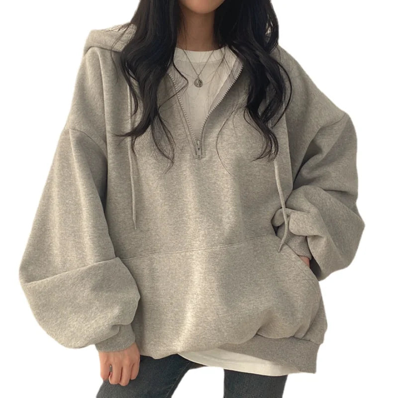 Women Hoodie  Loose Oversized Solid Color Top Half Zip Up Sweatshirt
