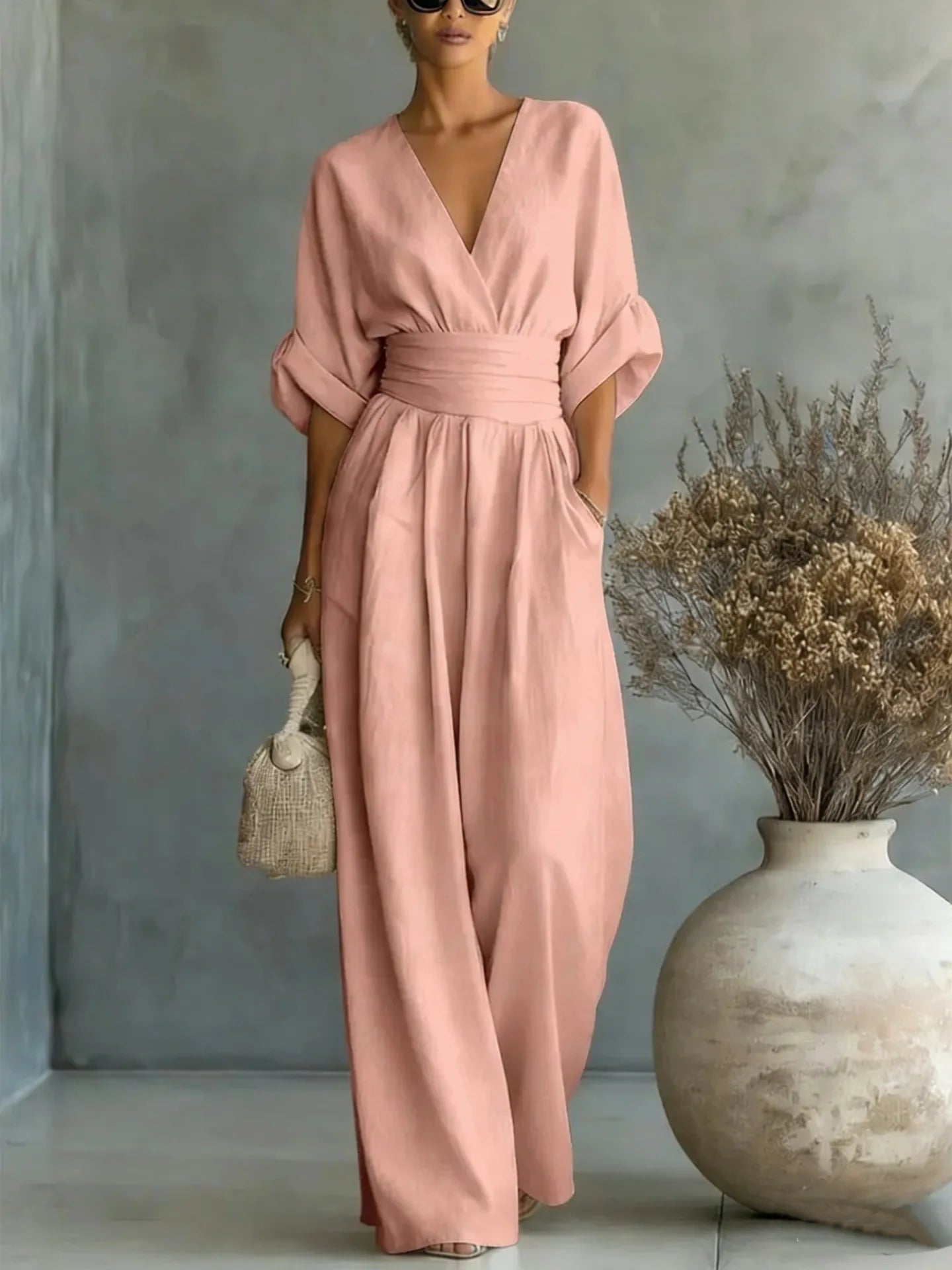 Women's Jumpsuit Fashion High Waist V-neck wide Leg Trousers