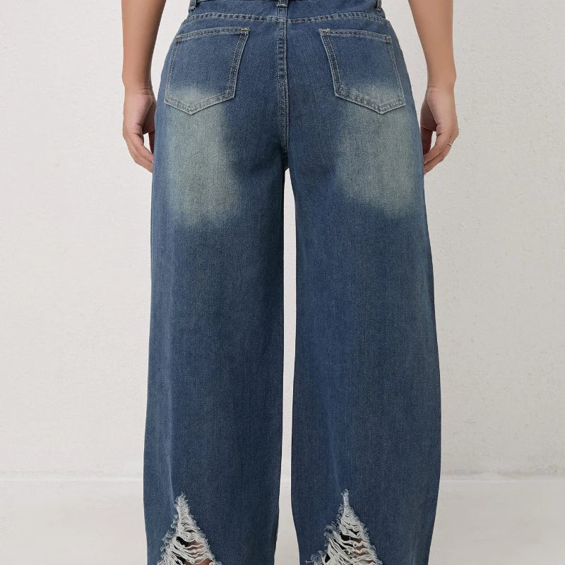 High-waisted Ripped Loose Wide-leg Jeans