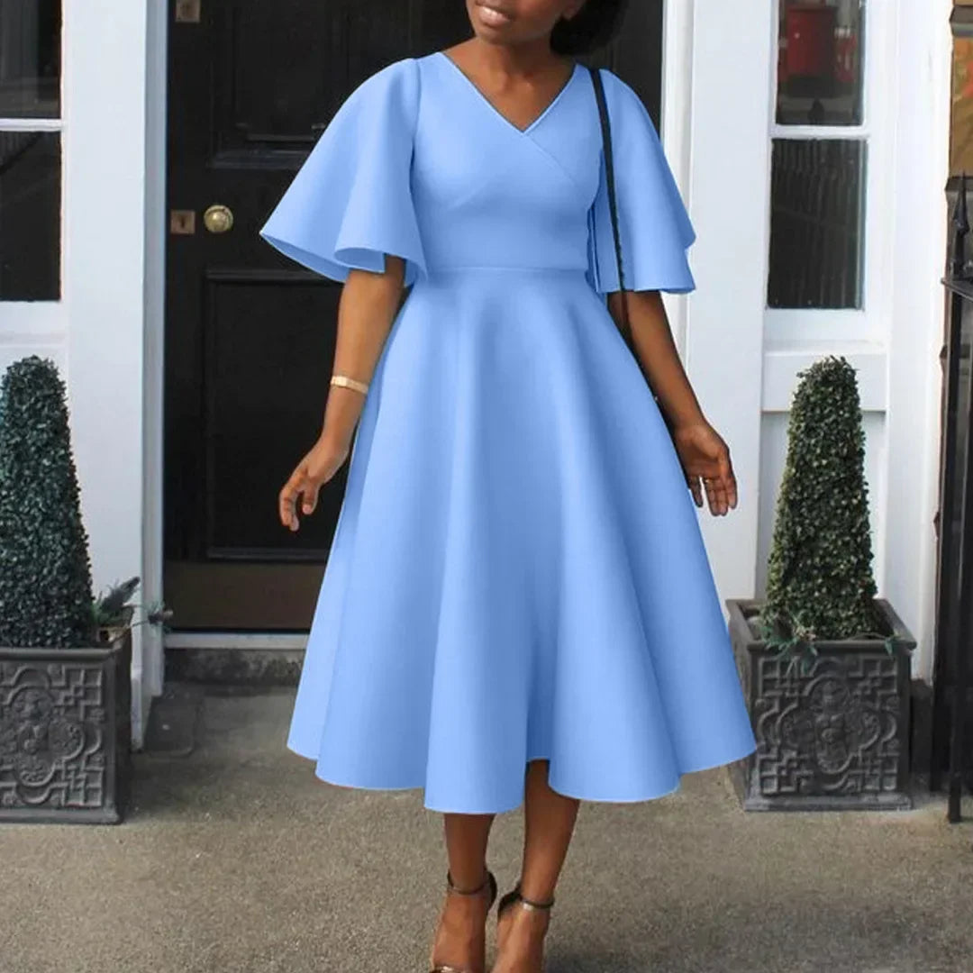 V Neck Flare Sleeve High Waisted Pleated A Line Mid Calf Luxury Dress