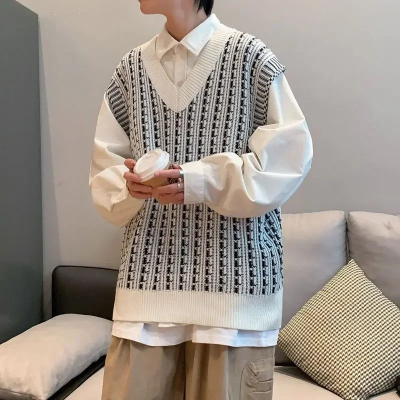 Knitwear Sweater Male  Knitted Vest Y2k Streetwear Style