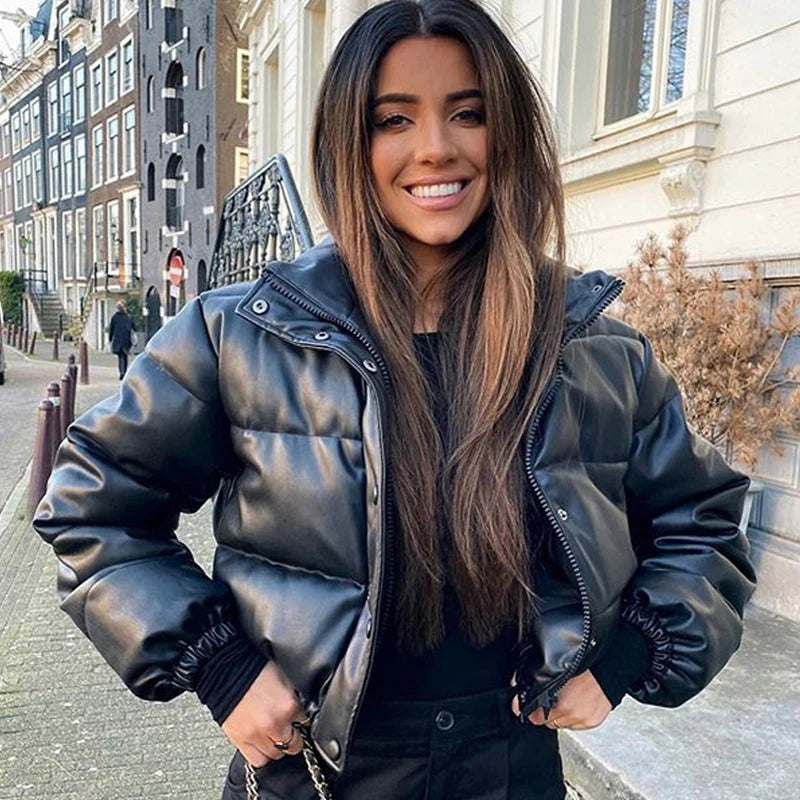 Women Black PU Leather Parkas Elegant Zipper Coat Cotton Padded Punk Outwear