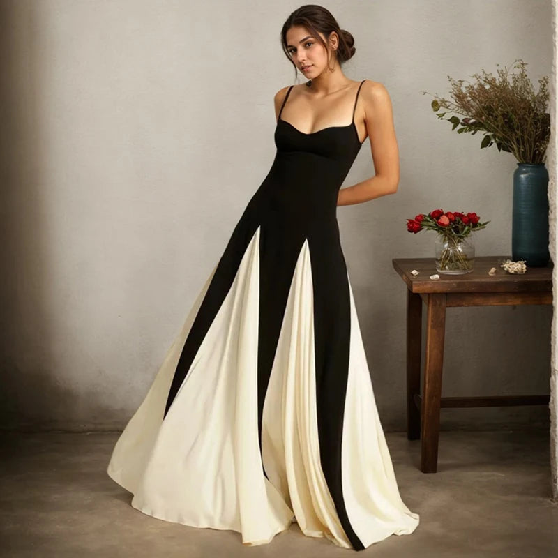 Slim Black And White Contrast Color Strap Dress Sexy V-Neck High Waist Dress