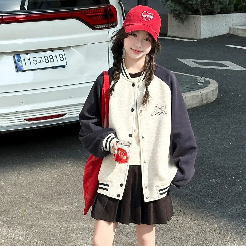 Girls Baseball Jacket  Casual Sports Bow Letter Embroidered Button Down Varsity Coat