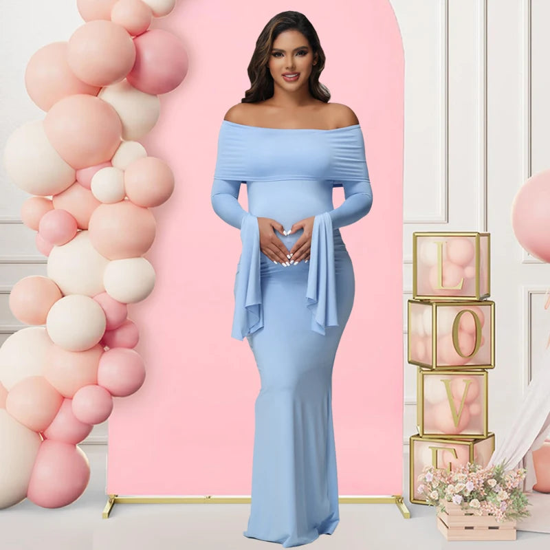 Women Maternity Off Shoulder Long Sleeve Bodycon Pregnancy  Gown