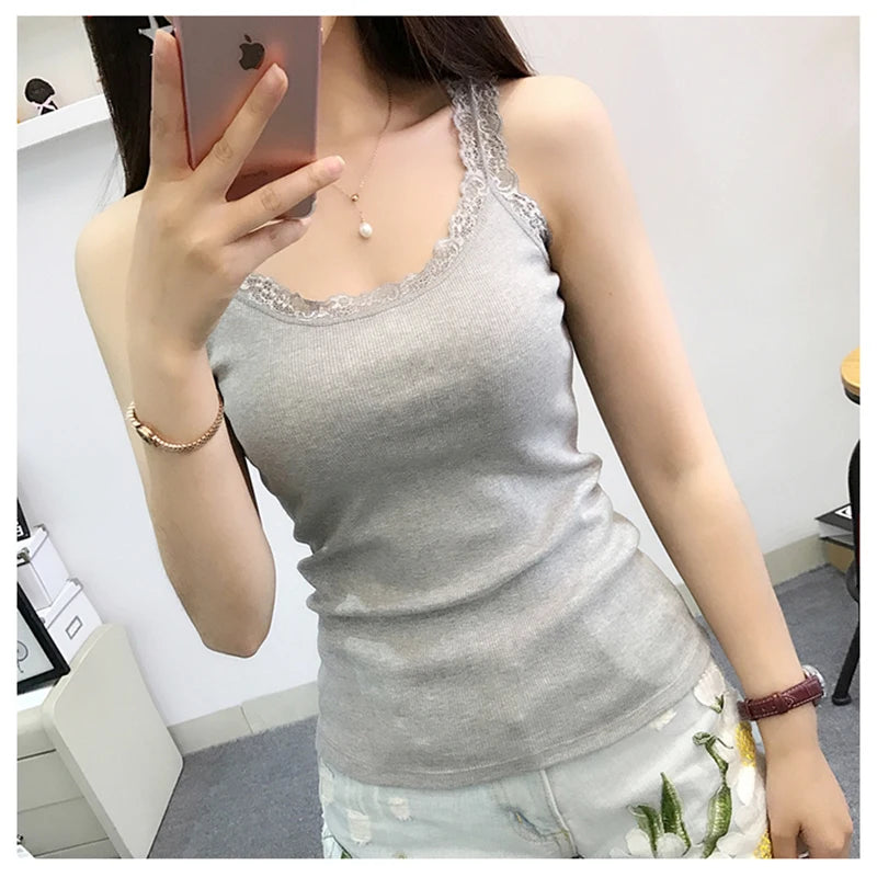 Tank Tops Women Summer O-neck Lace Suspender Camisole