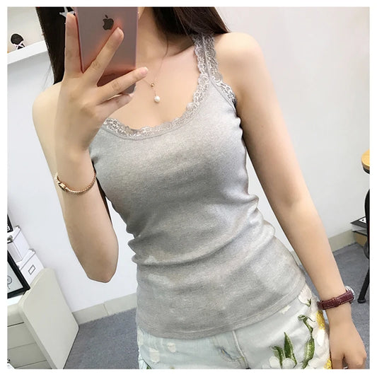 Tank Tops Women Summer O-neck Lace Suspender Camisole