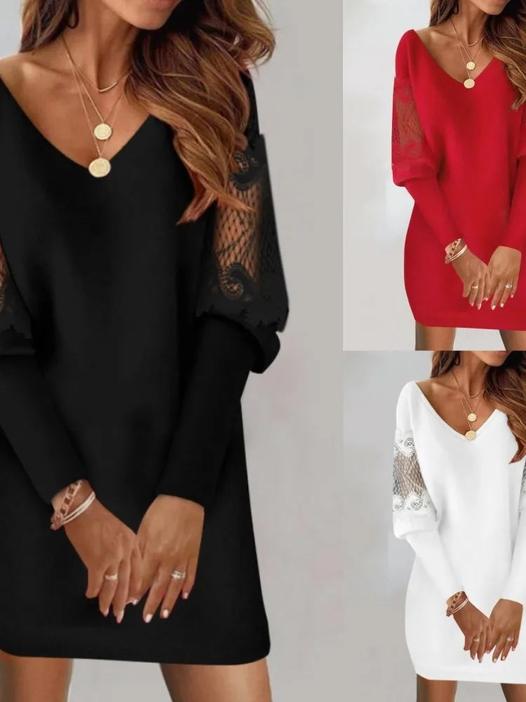 Sexy V Neck Mesh Lace Sleeve Loose Dress