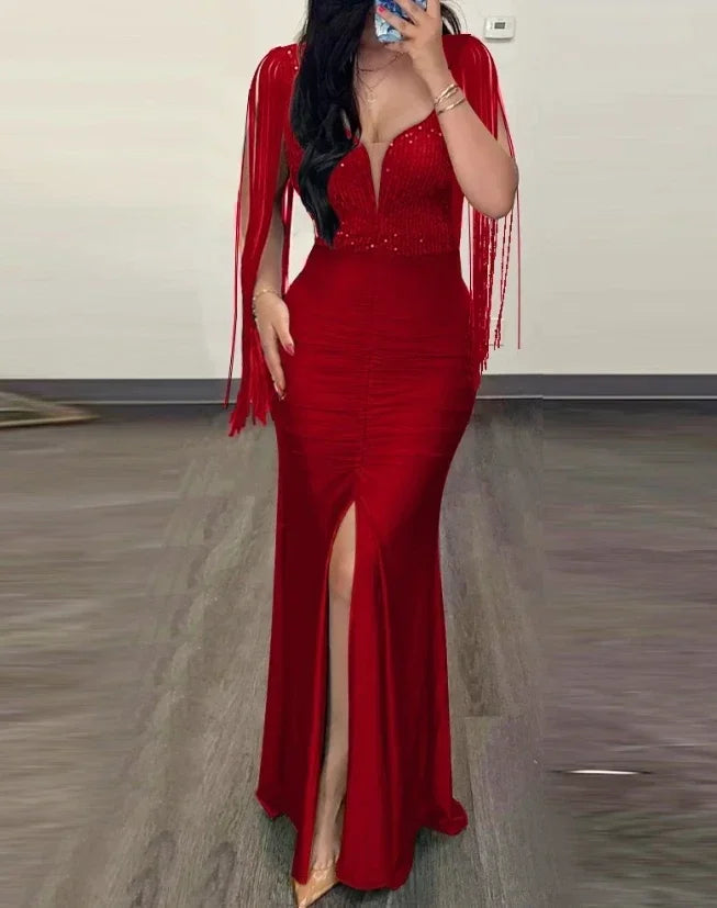 Sexy Party Glamorous Contrast Sequin Ruched Slit  Dress