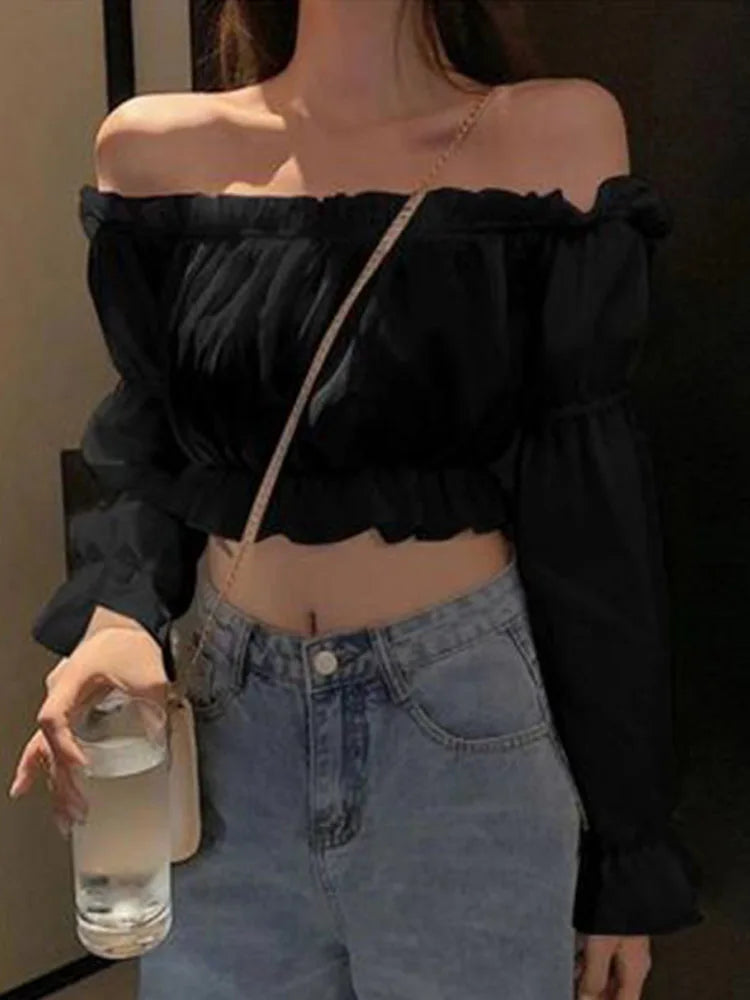 Women Top Sexy Blouse Off Shoulder Top  Puff Sleeve Ruffle Tunic Crop Top