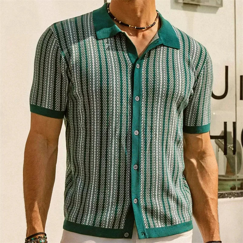 Jacquard Polo Shirts Man Knitwear Business Casual Summer  Viscose Elastic Silky Camisas