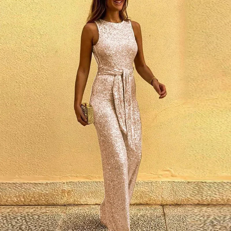 Women Jumpsuits Sexy Backless Sequins Elegant O Neck Sleeve