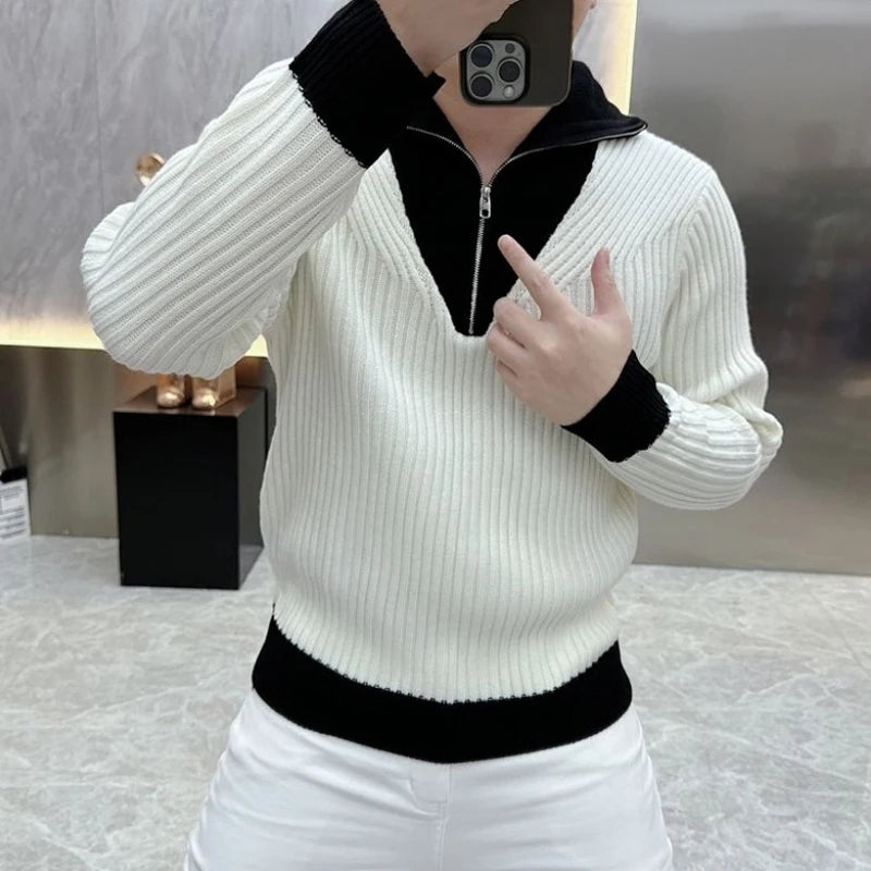 Black White r Business Casual Knitted Sweater Half Zipper Polo