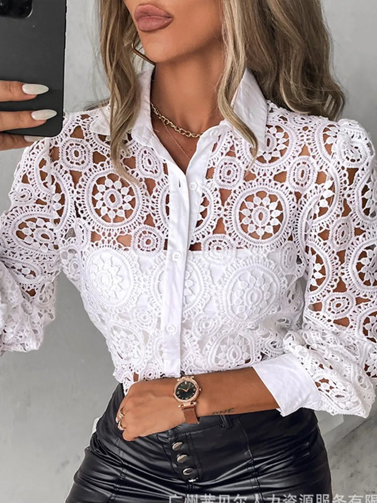 Lace Blouses For Women Elegant Office White Shirt Long Sleeve