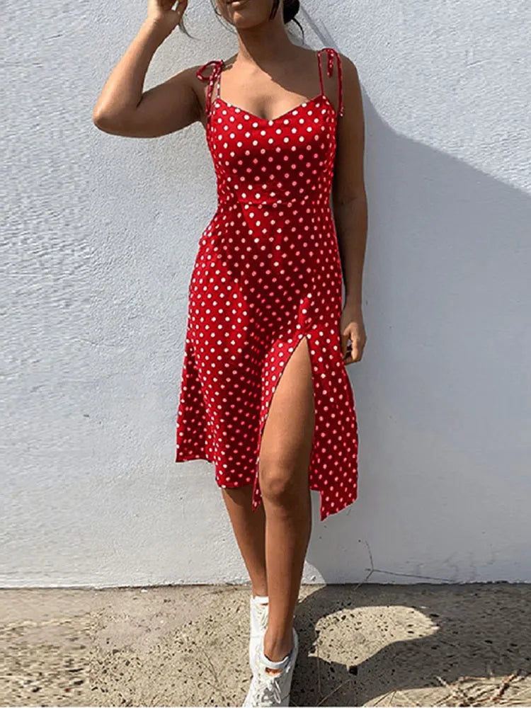 Causal Polka Dot Sleeveless High Pleated elastic waist V-Neck Beach Dress