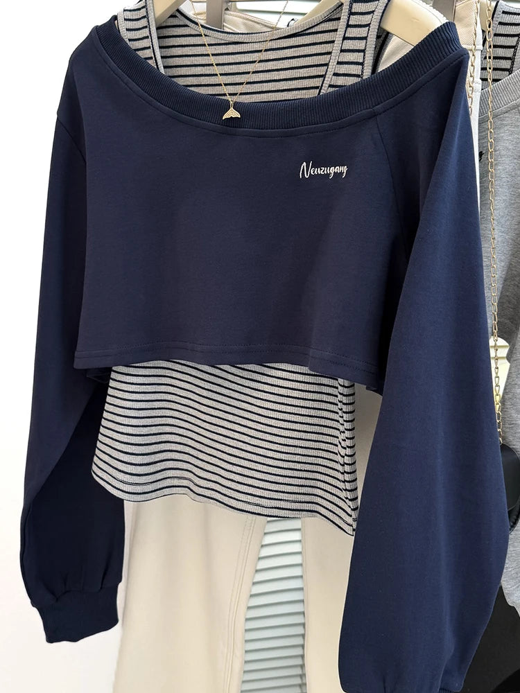 Womens Striped Sweatshirt Floral Gray Sloping Shoulder