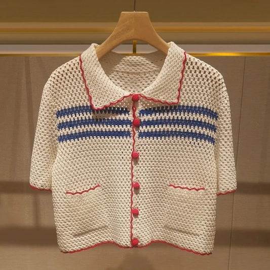 Women's Knitted Ribbed Blouse Casual Short Sleeve Striped Hollow Out T-shirt