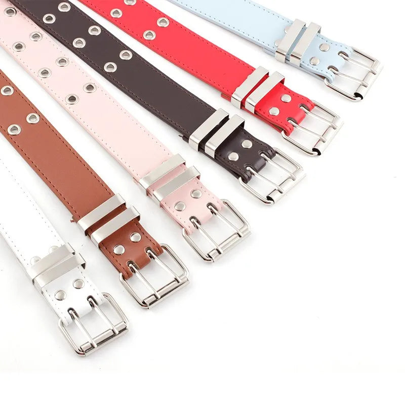Women Trouser Belt Punk Cool Metal Buckle Adjustable Eyelet Leather Fashion