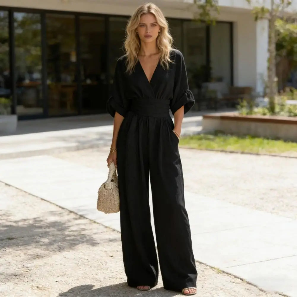 Women's Jumpsuit Fashion High Waist V-neck Casual  Wide Leg Trousers