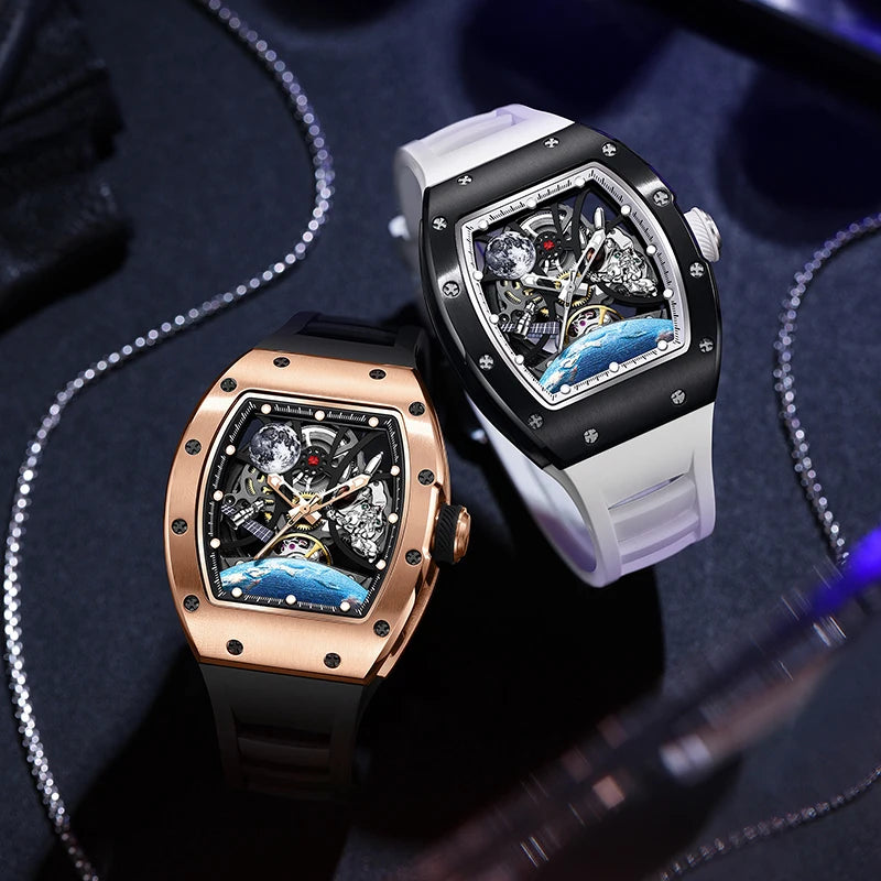 Men's Automatic Watches Tonneau Mechanical Clock Earth Dial Waterproof  Wrist Watch
