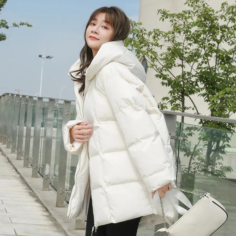 Puffer Jackets Women White Zipper Long Down Jacket