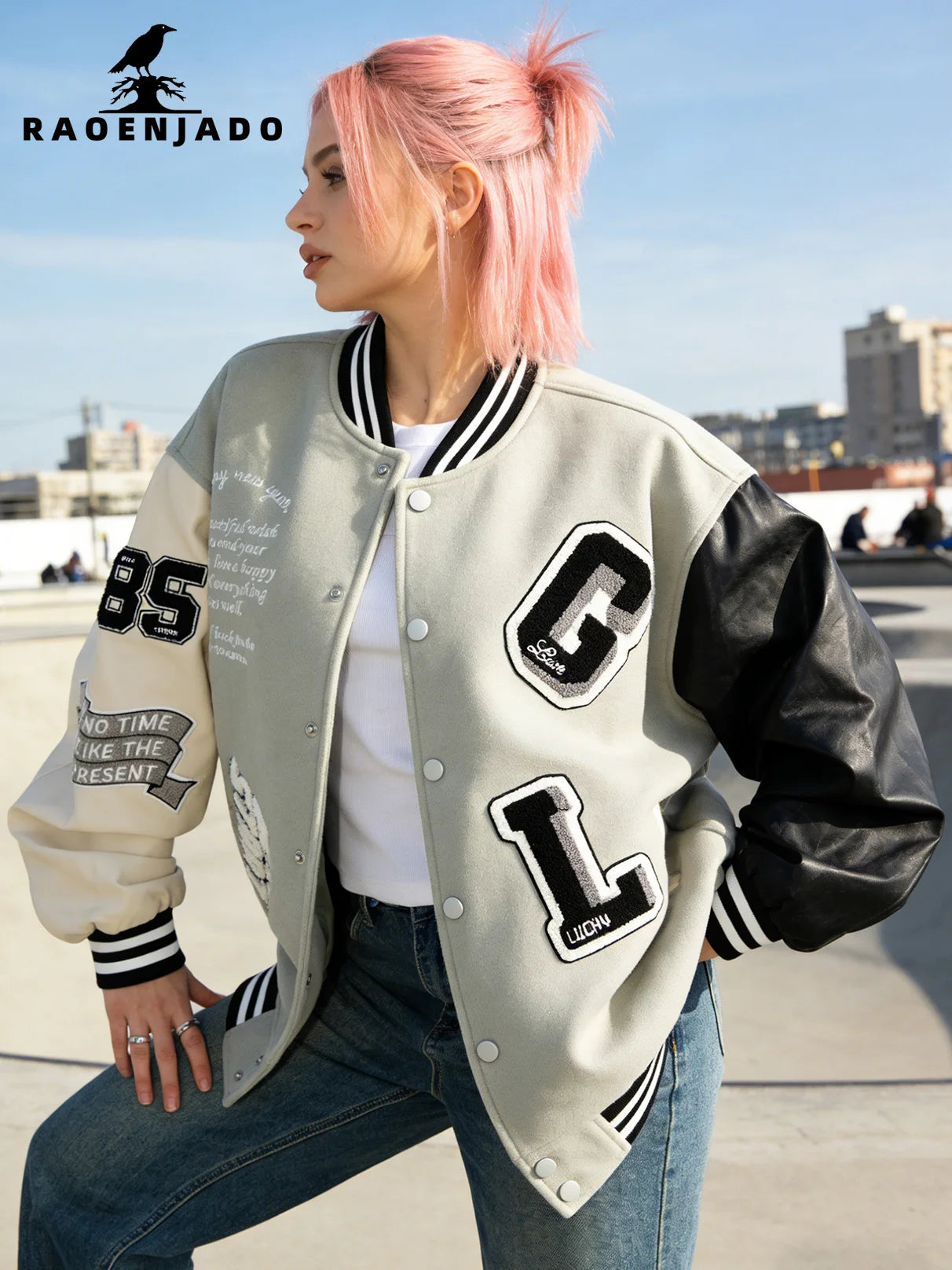 Women's Varsity Jacket Faux Leather Sleeve Baseball Uniform