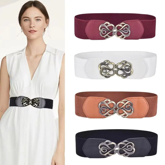 Women Leather Belt for Dress Elastic Brass Retro Buckle Overcoat