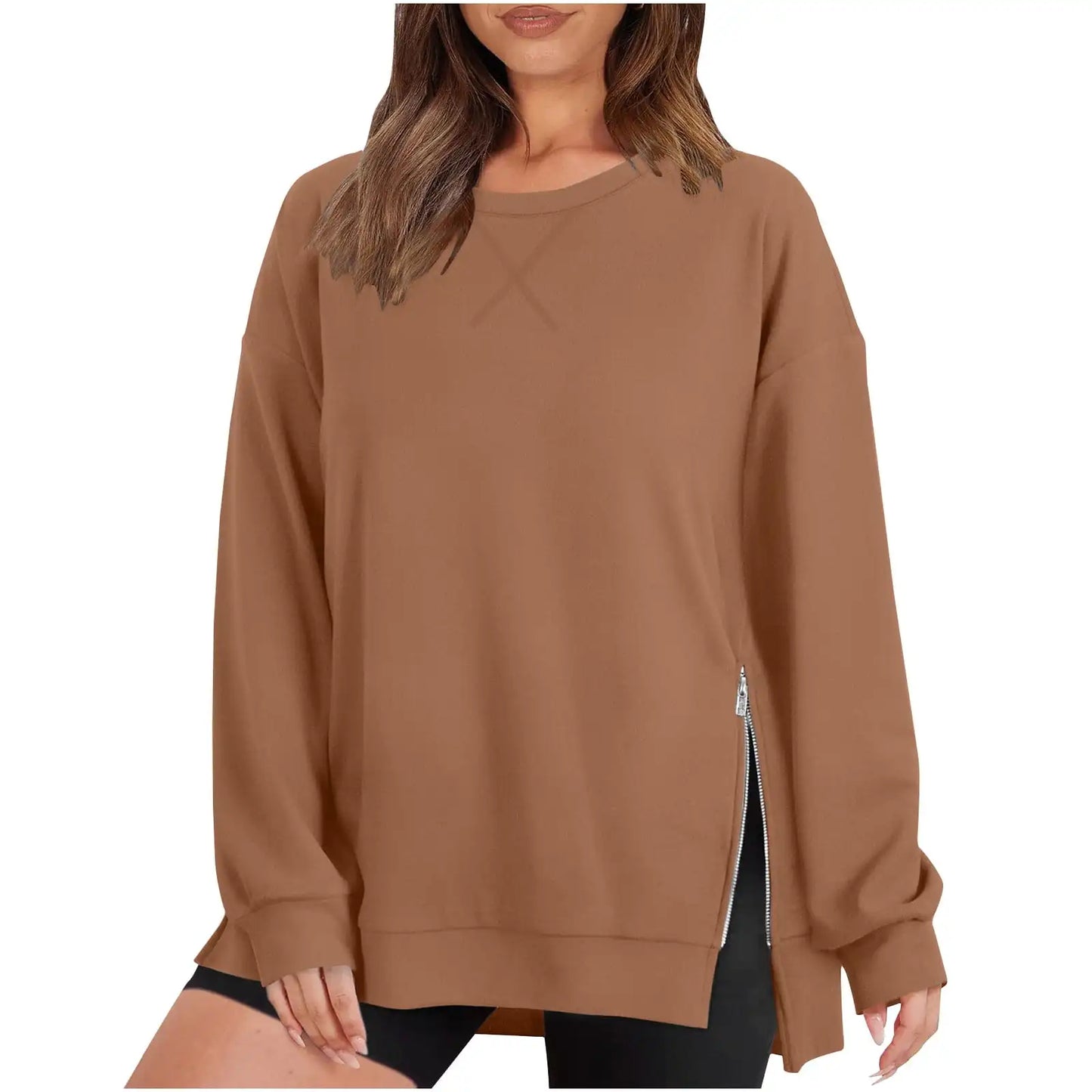 Women's Sweatshirts  Round Neck Drop Shoulder Long Sleeve Zipper Side