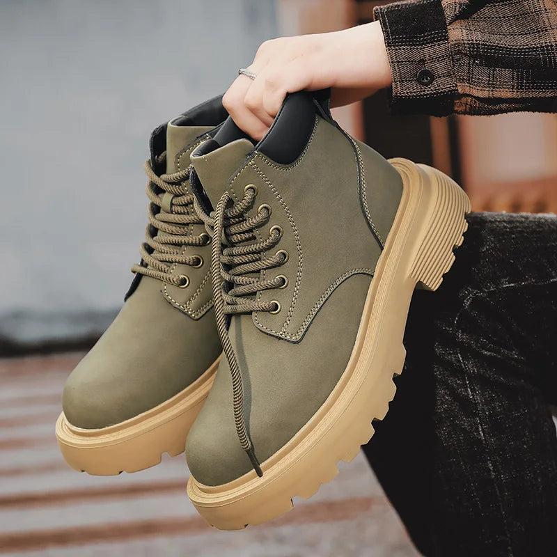 Men High Top Boots Leather Shoes Warm Outdoor Sneakers Lace Up Non-Slip Ankle Boots