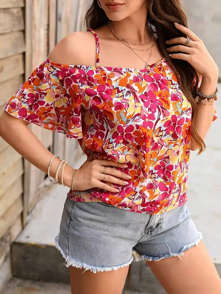 Blouse Spring Summer Colorful Floral Print Off Shoulder