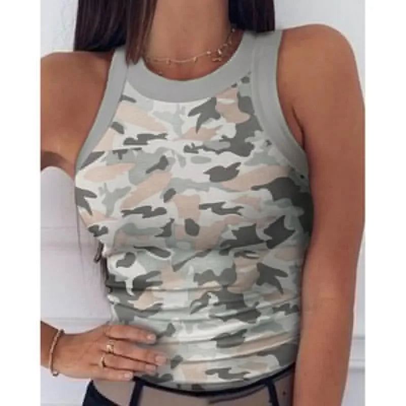 Women's  Tops Tanks Camis Digital printed round neck I-shaped vest