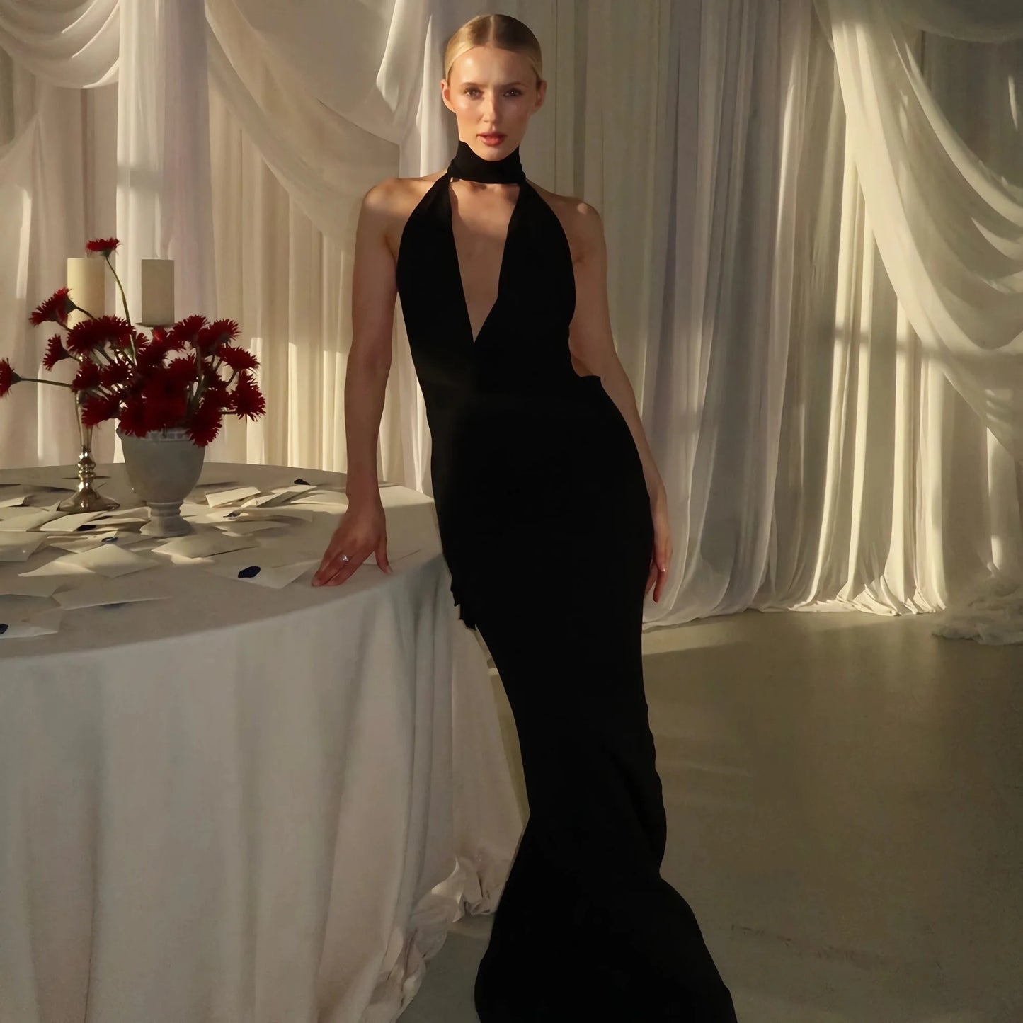 Elegant Shinny Deep V Midi Dress