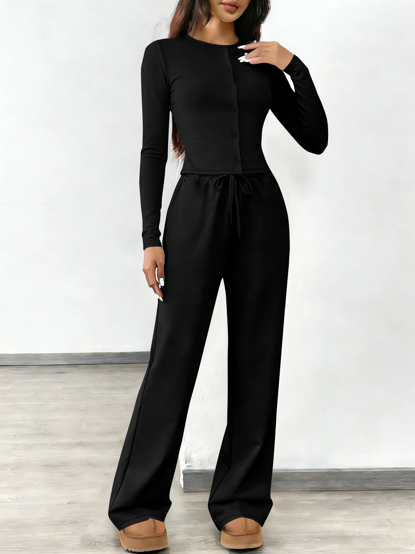 Women's fashionable two-piece set: round neck button-down long-sleeved top