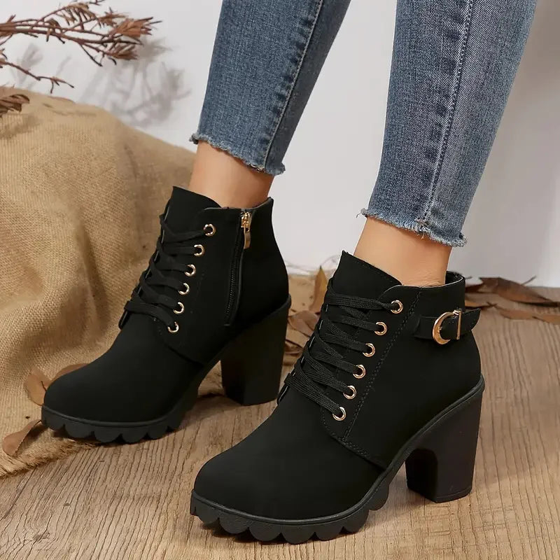 Women Boots Autumn Winter High Quality Boots Lace-up High Heels Shoes