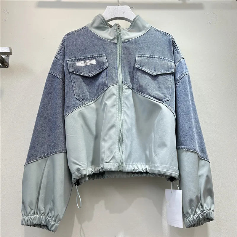 Denim Coats Stand Collar Jackets Zipper Full Sleeve