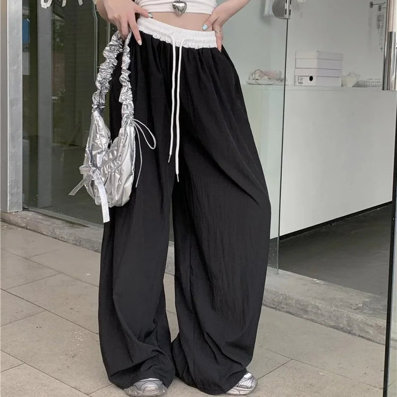 Chic Matching Loose Women's Wide Leg Pants Elastic Waist Drawstring