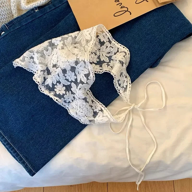 White Woven Floral Lace Hair Scarf Wraps