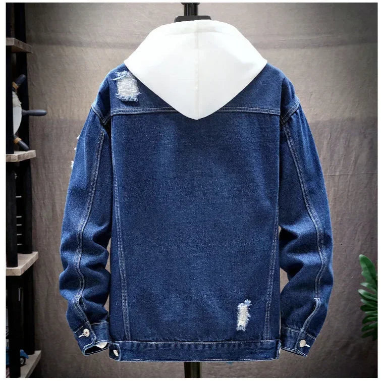 Men Denim Jacket  Ripped Hole Single Breasted Coats Spliced Outerwear