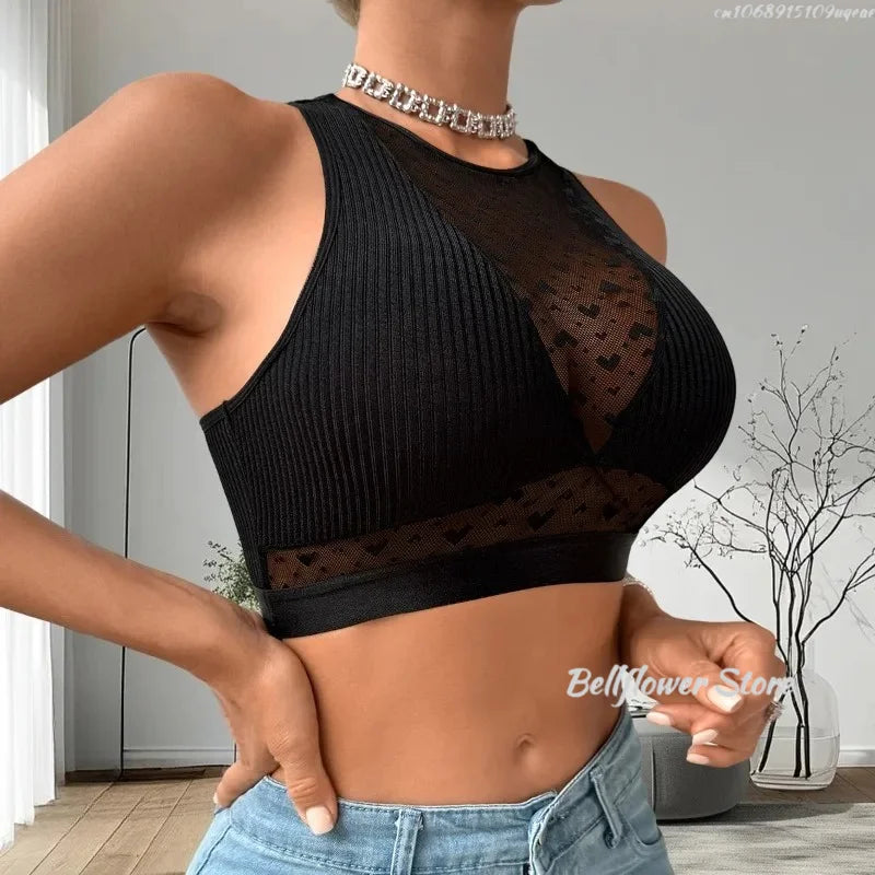 Women Sexy Tank Tops Fishnet Hollow Out Sports Off Shoulder Crop Top