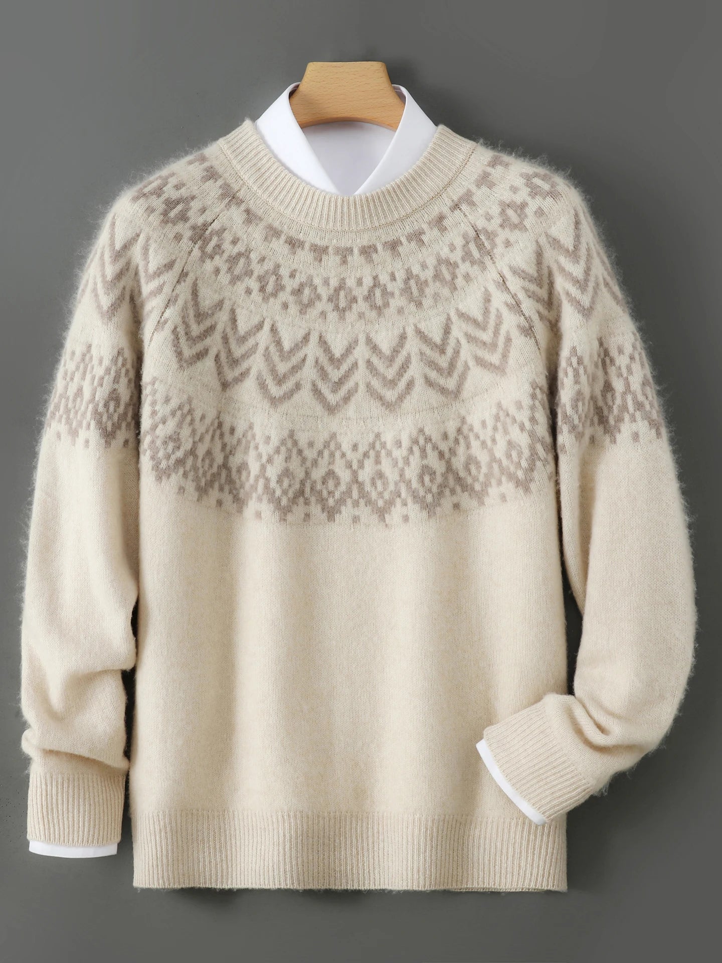 Merino Wool Pullover Sweater O-neck Fair Isle Jacquard