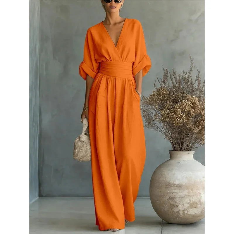 Women's Jumpsuit Fashion High Waist V-neck wide Leg Trousers
