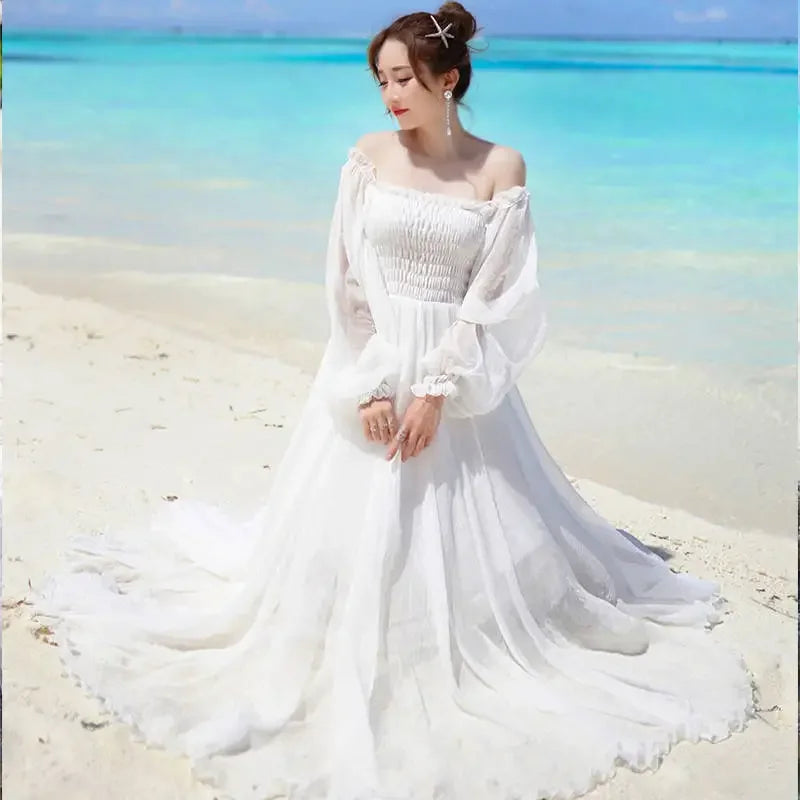 New Chiffon off-Shoulder Dress White Dress