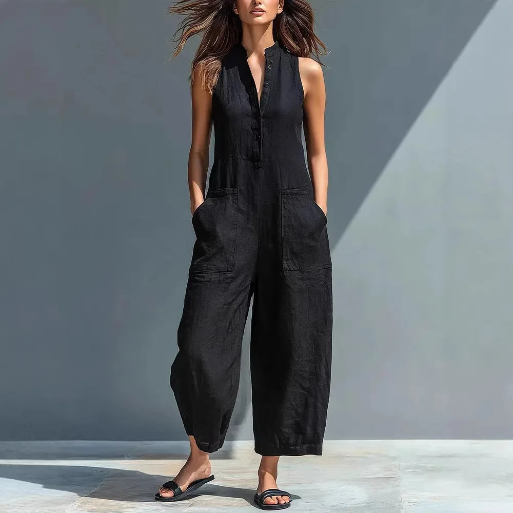 Cotton And Linen Jumpsuit Women Stand Collar Sleeveless Pocket