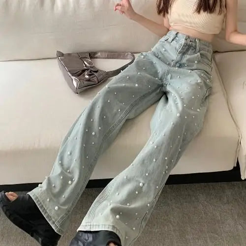 Women's Jeans High Waist Straight Blue Beaded Pearls Denim Pants
