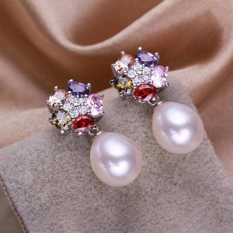 multicolour Zircon Sterling Silver Real Natural Pearl Earrings For Women's