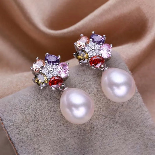 multicolour Zircon Sterling Silver Real Natural Pearl Earrings For Women's