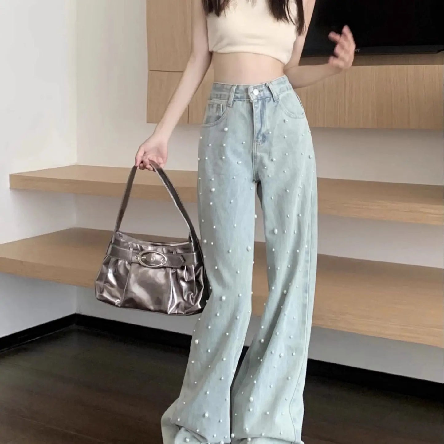 Women's Jeans High Waist Straight Blue Beaded Pearls Denim Pants
